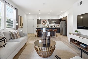 San Marcos apartment for rent - A modern living room with a white couch and a wooden coffee table.