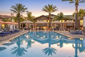 San Diego apartment for rent - A large swimming pool surrounded by palm trees and lounge chairs.