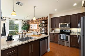 San Jose apartment for rent - A modern kitchen with dark wood cabinets and stainless steel appliances.
