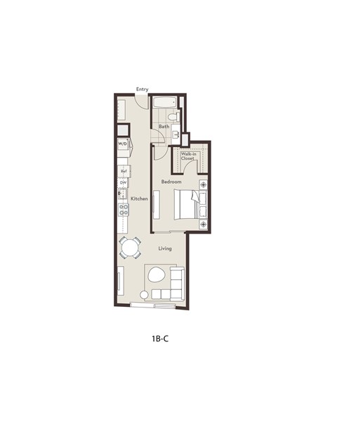 Floor plan for 1 bed, 1 bath, 710 sqft