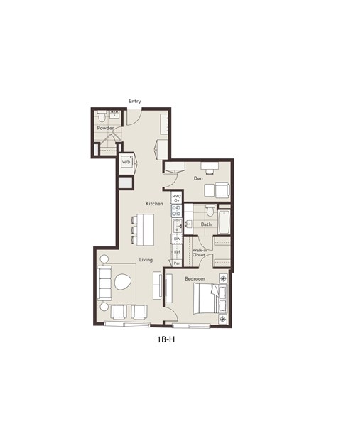 Floor plan for 1 bed, 1.5 baths, 1000 sqft