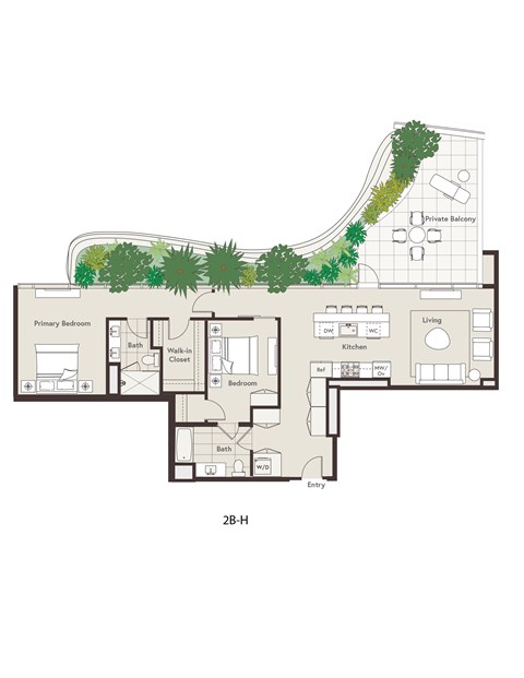 Floor plan for 2 beds, 2 baths, 1280 sqft