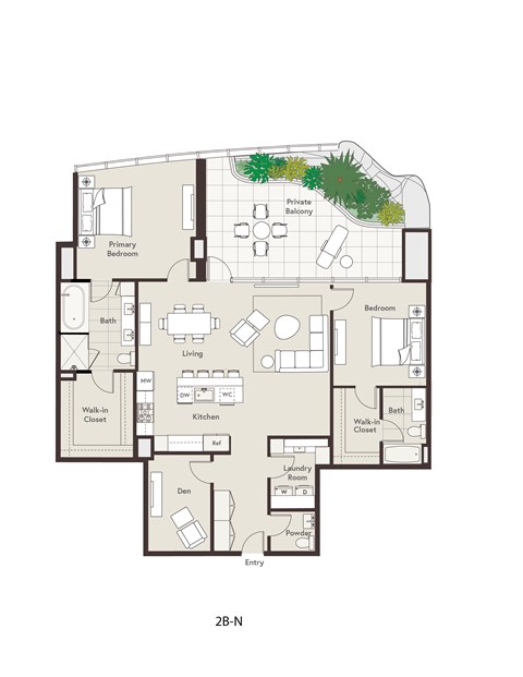 Floor plan for 2 beds, 2.5 baths, 1690 sqft