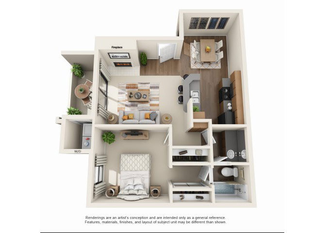 Floor plan for 1 bed, 1 bath, 727 sqft