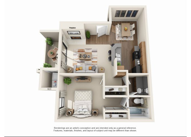 Floor plan for 1 bed, 1 bath, 703 sqft