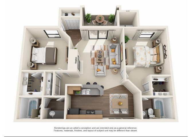 Floor plan for 2 beds, 2 baths, 1005 sqft