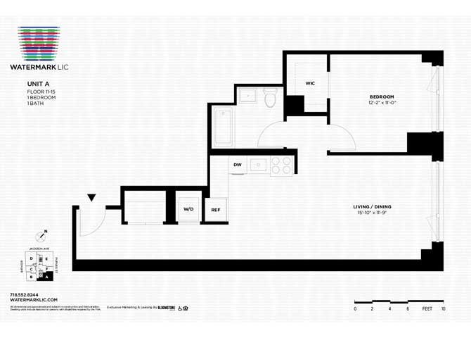 Floor plan for 1 bed, 1 bath, 765 sqft