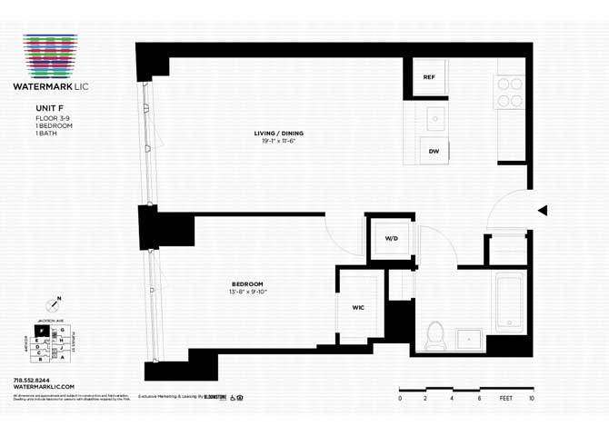 Floor plan for 1 bed, 1 bath, 681 sqft