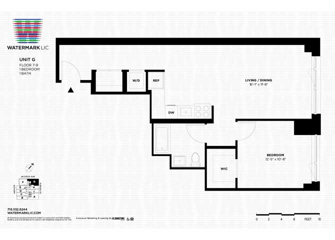 Floor plan for 1 bed, 1 bath, 691 sqft