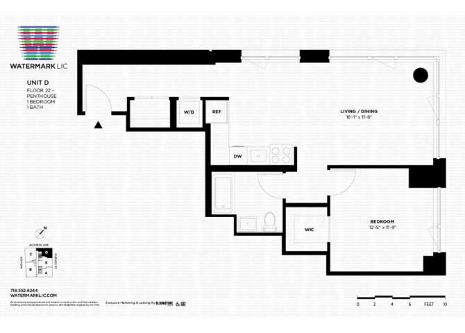 Floor plan for 1 bed, 1 bath, 768 sqft