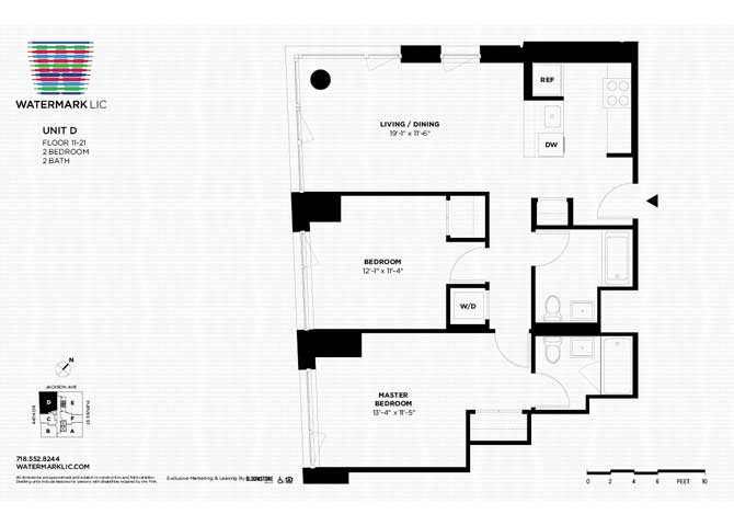 Floor plan for 2 beds, 2 baths, 985 sqft