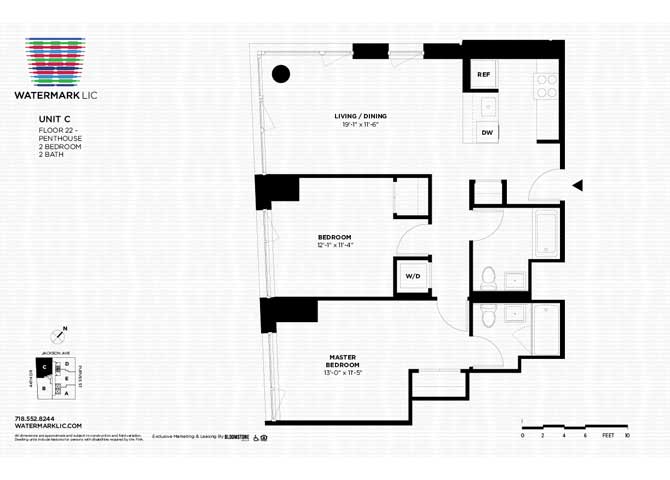Floor plan for 2 beds, 2 baths, 984 sqft