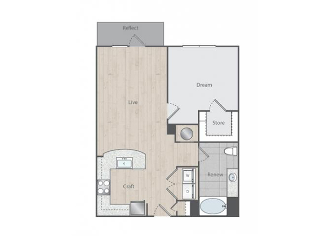 Floor plan for 1 bed, 1 bath, 750 sqft