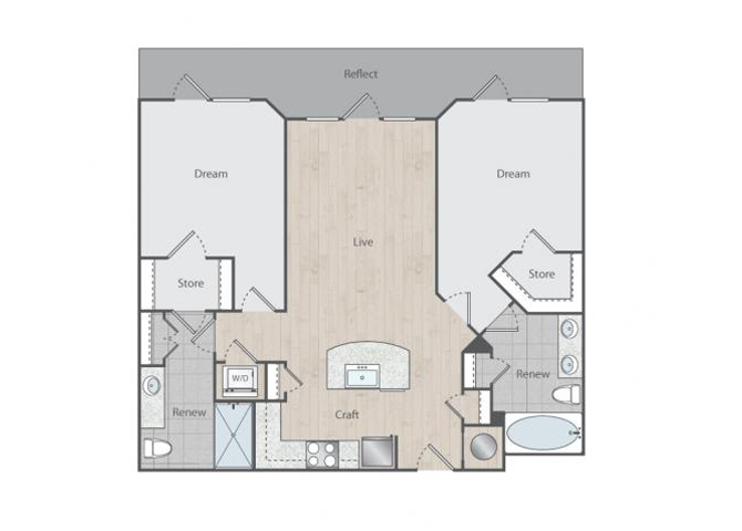 Floor plan for 2 beds, 2 baths, 1047 sqft