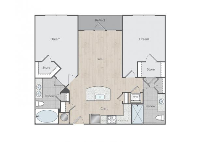 Floor plan for 2 beds, 2 baths, 1035 sqft