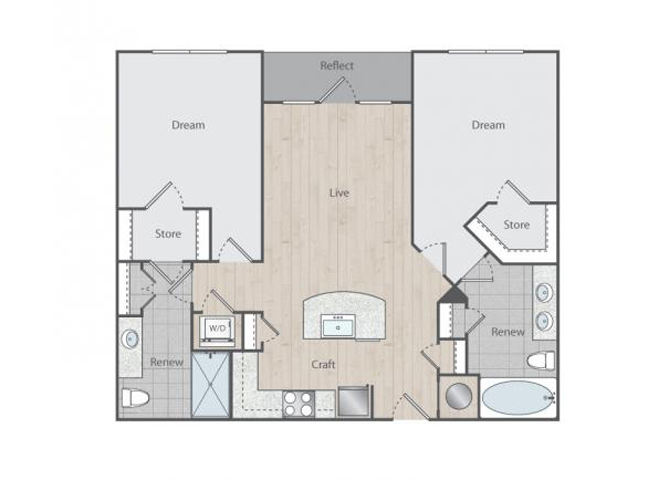 Floor plan for 2 beds, 2 baths, 1033 sqft