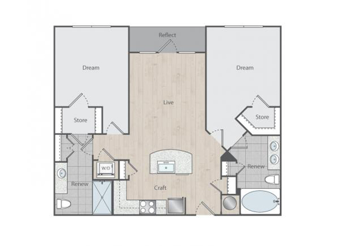 Floor plan for 2 beds, 2 baths, 1045 sqft