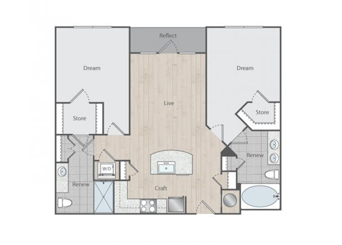Floor plan for 2 beds, 2 baths, 1011 sqft