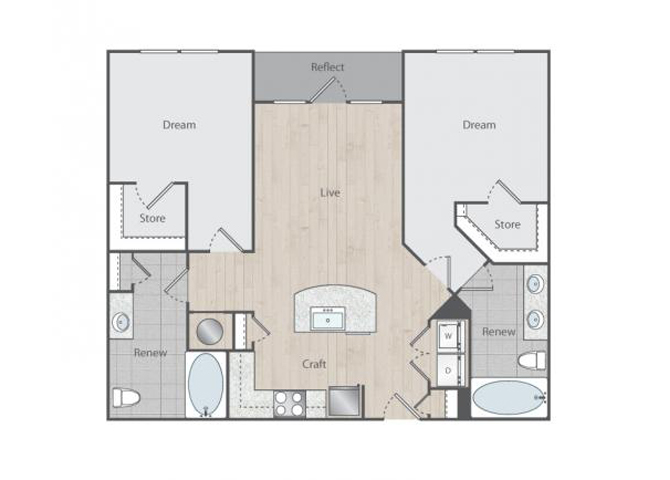 Floor plan for 2 beds, 2 baths, 1021 sqft