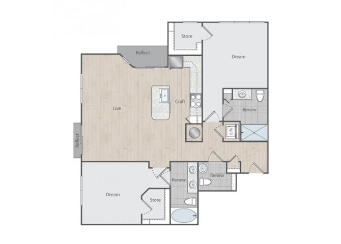 Floor plan for 2 beds, 2 baths, 1236 sqft