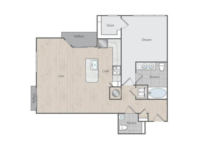 Floor plan for 1 bed, 1.5 baths, 950 sqft
