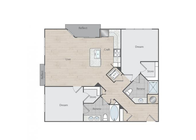 Floor plan for 2 beds, 2 baths, 1093 sqft