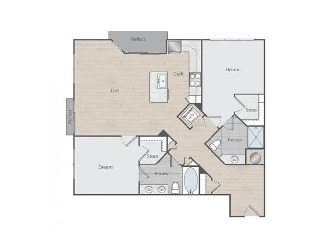 Floor plan for 2 beds, 2 baths, 1118 sqft