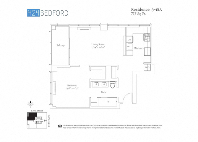 Floor plan for 1 bed, 1 bath, 713 sqft
