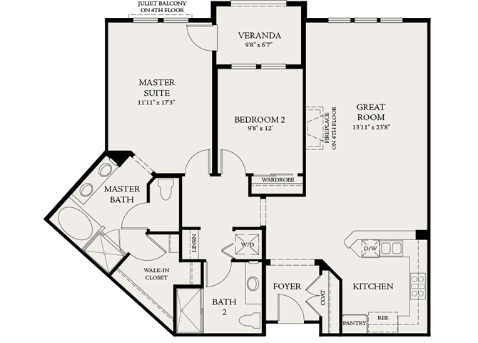 Floor plan for 2 beds, 2 baths, 1279 sqft