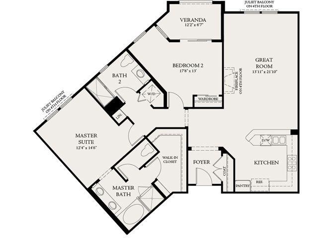 Floor plan for 2 beds, 2 baths, 1312 sqft