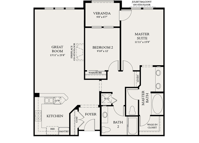 Floor plan for 2 beds, 2 baths, 1238 sqft