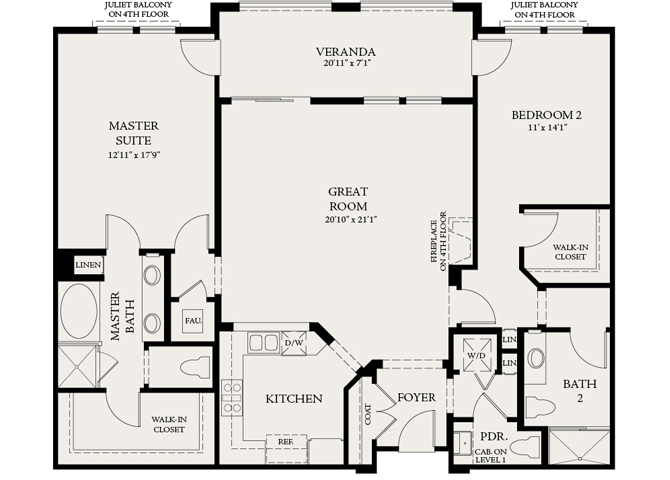Floor plan for 2 beds, 2.5 baths, 1490 sqft