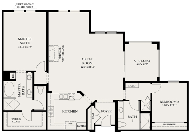 Floor plan for 2 beds, 2 baths, 1491 sqft