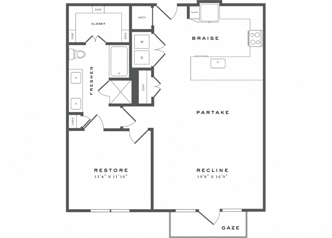 Floor plan for 1 bed, 1 bath, 987 sqft