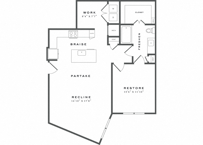Floor plan for 1 bed, 1 bath, 1001 sqft
