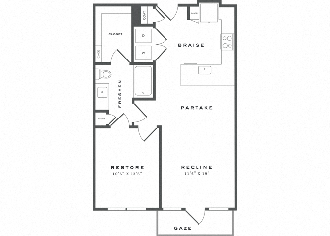 Floor plan for 1 bed, 1 bath, 717 sqft