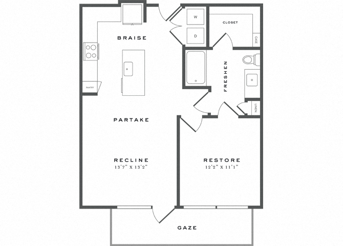 Floor plan for 1 bed, 1 bath, 738 sqft