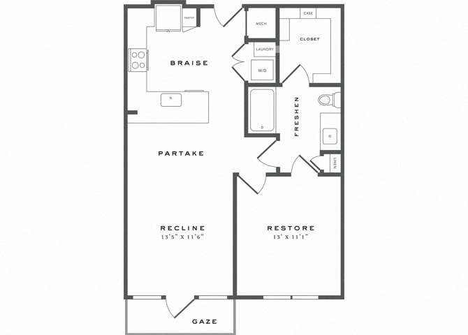 Floor plan for 1 bed, 1 bath, 767 sqft