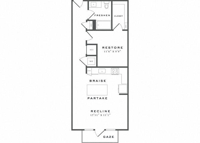 Floor plan for 1 bed, 1 bath, 800 sqft