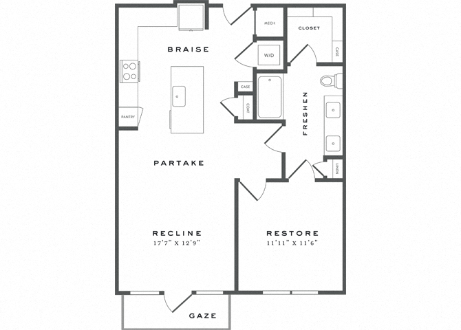 Floor plan for 1 bed, 1 bath, 824 sqft