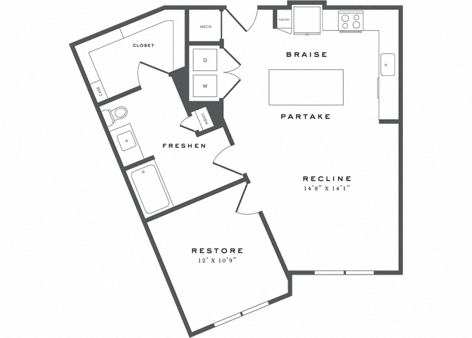 Floor plan for 1 bed, 1 bath, 831 sqft