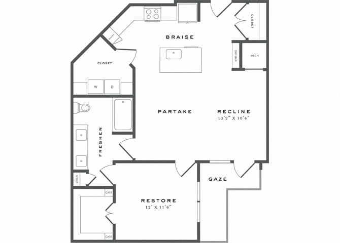 Floor plan for 1 bed, 1 bath, 889 sqft