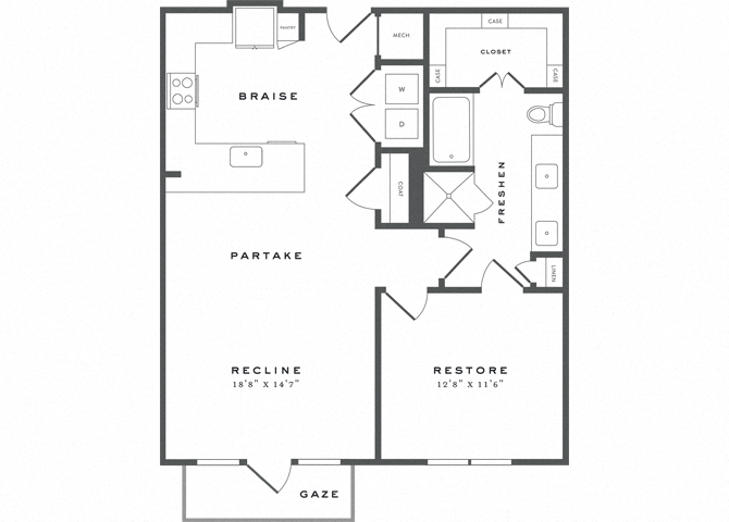 Floor plan for 1 bed, 1 bath, 908 sqft