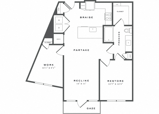 Floor plan for 1 bed, 1 bath, 913 sqft