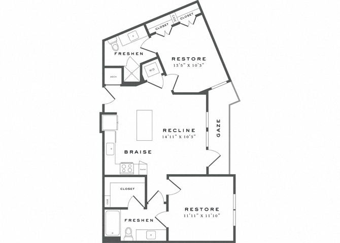 Floor plan for 2 beds, 2 baths, 910 sqft