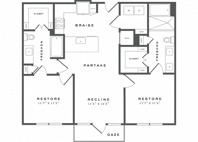 Floor plan for 2 beds, 2 baths, 1034 sqft