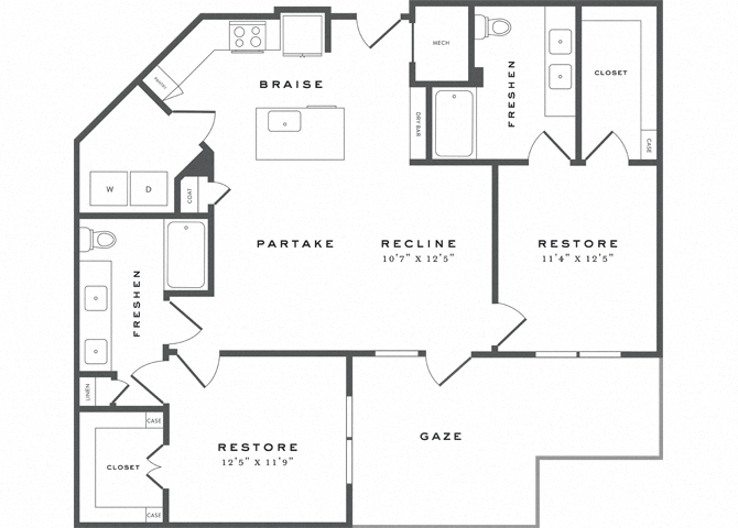 Floor plan for 2 beds, 2 baths, 1167 sqft