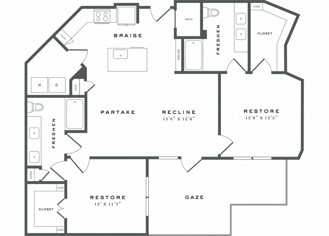 Floor plan for 2 beds, 2 baths, 1200 sqft