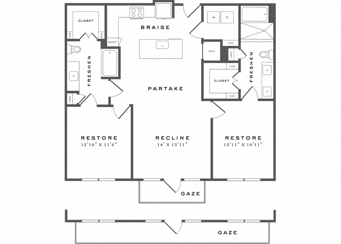 Floor plan for 2 beds, 2 baths, 1215 sqft