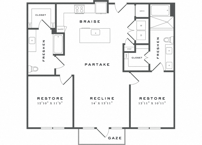 Floor plan for 2 beds, 2 baths, 1215 sqft